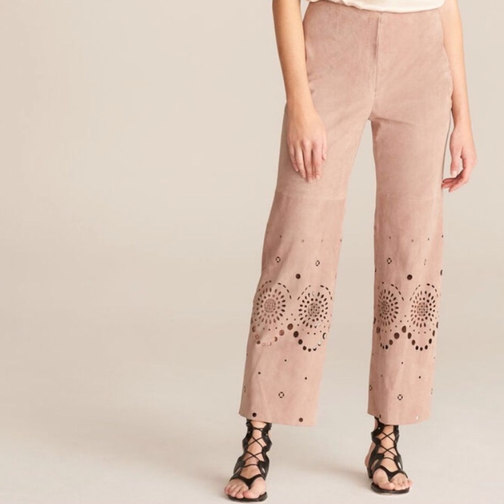 NWT Rebecca Taylor Suede Pants Tan Camel Dusty Rose Pink Laser Cut Ankle Cropped